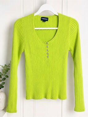 Vintage Forenza Neon Lime Ribbed Long Sleeve Henley Top